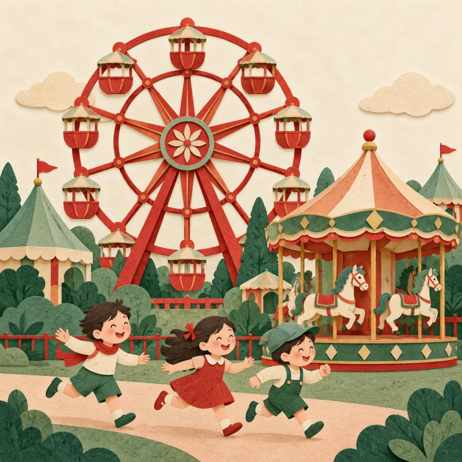 An amusement park with a Ferris wheel and a carousel