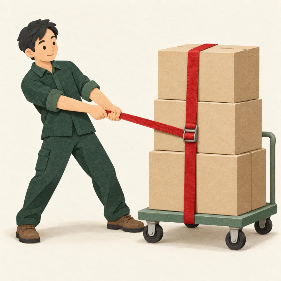A person pulls a strap tight around a stack of boxes
