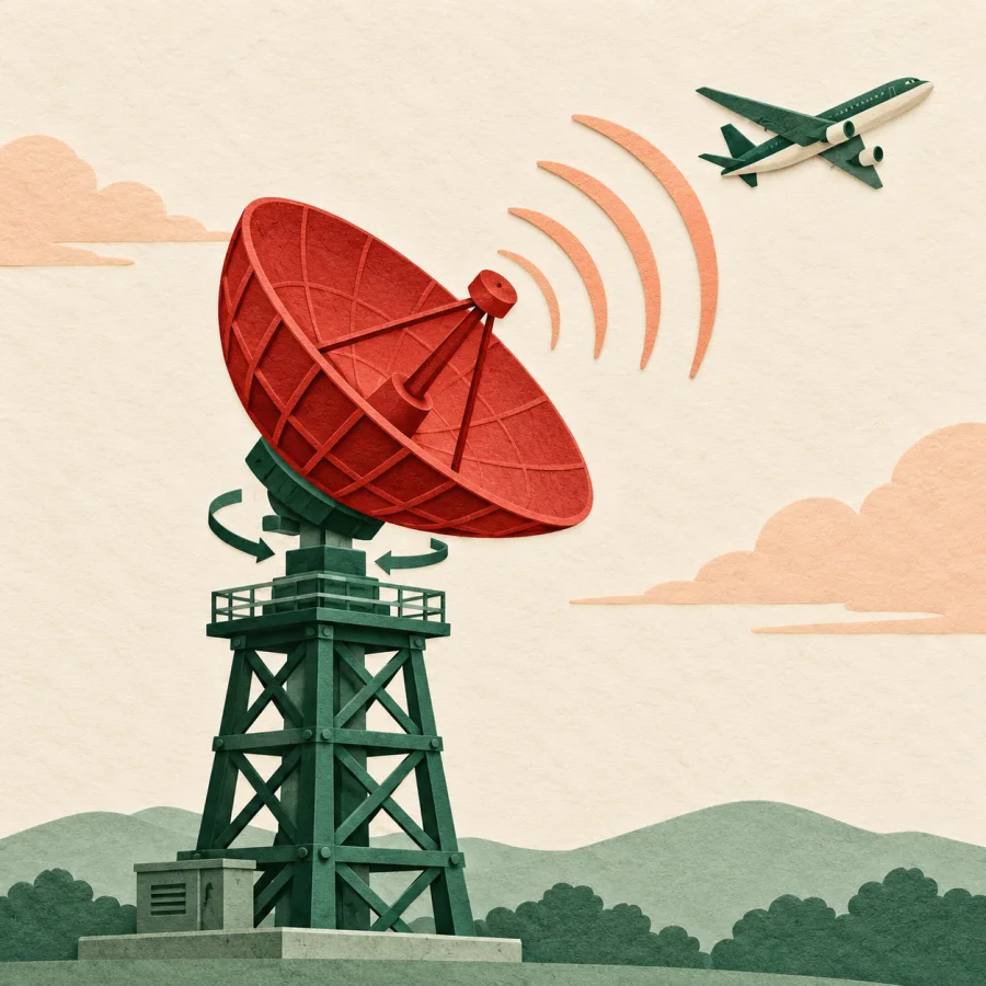 A radar dish on a tower with a small plane in the sky