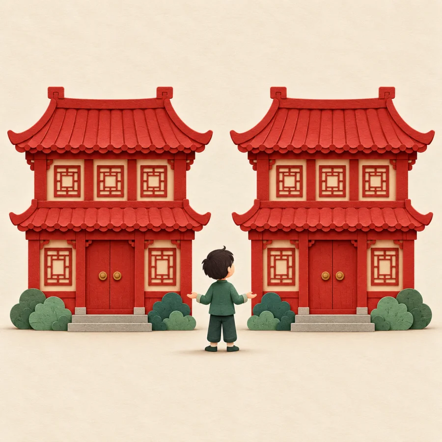 Two identical little houses side by side, a person looking at both