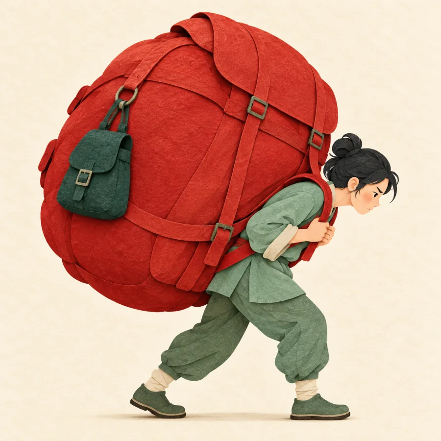 A person bent under a huge bulging backpack