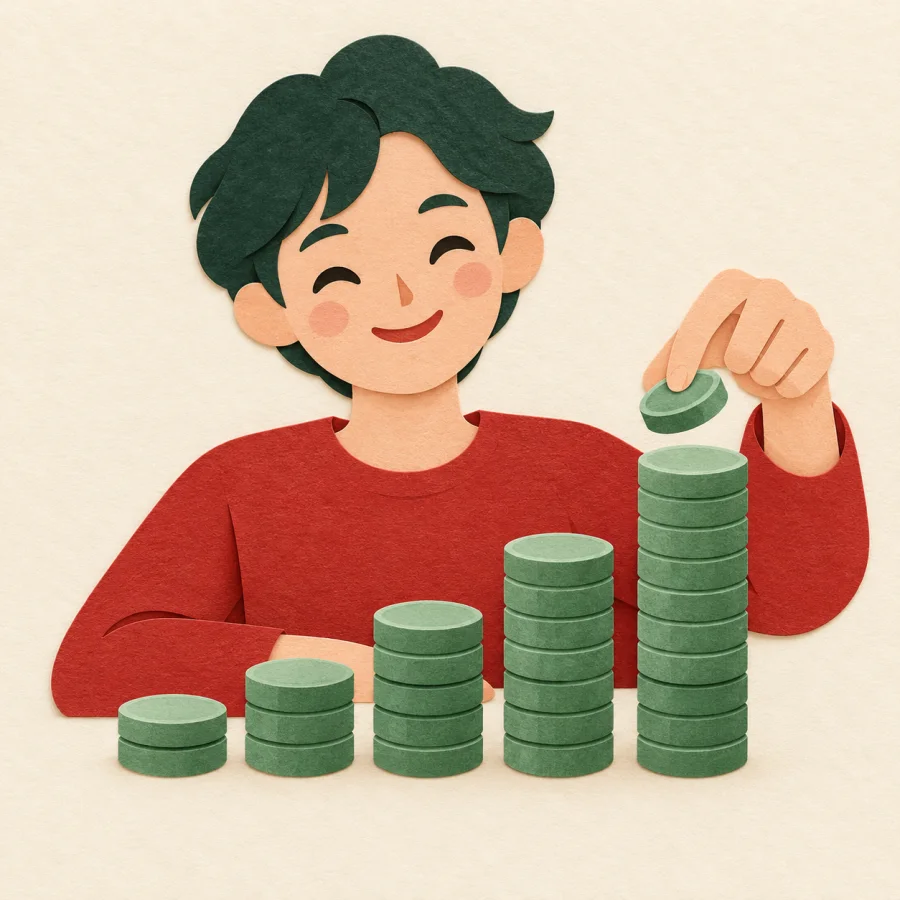 A person adds a coin to rising stacks of coins