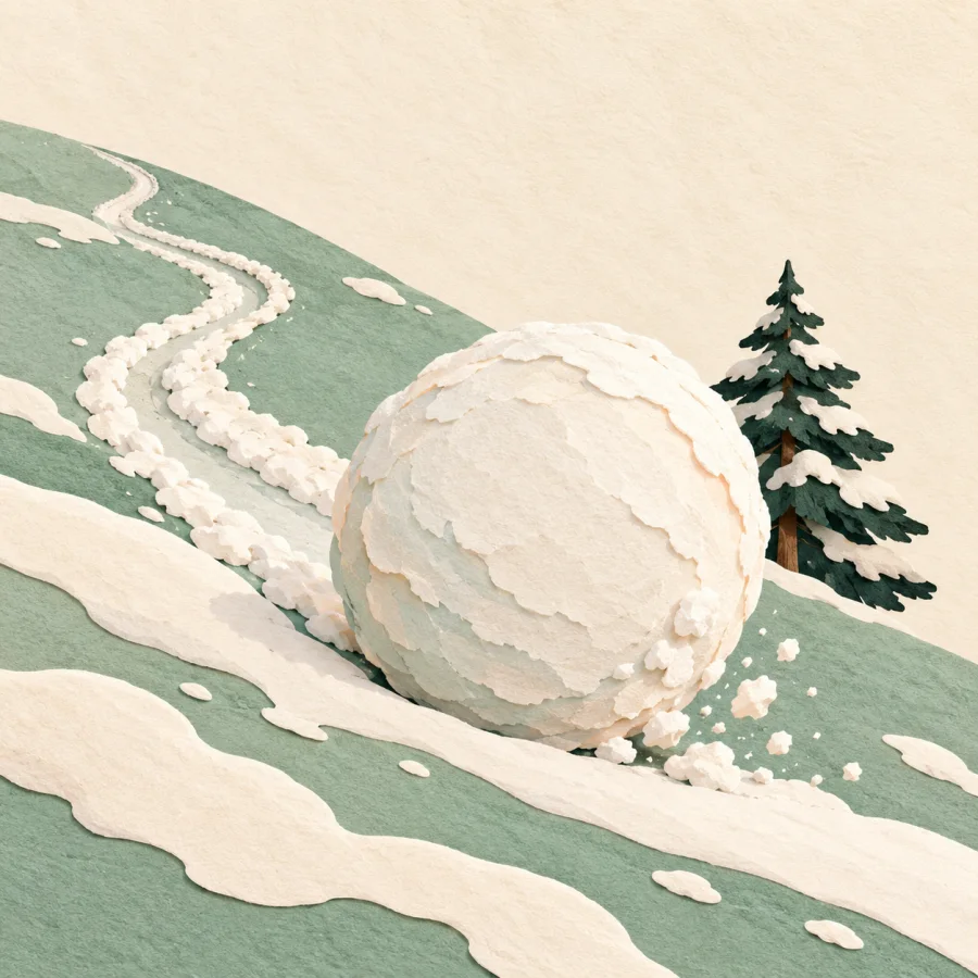 A snowball rolls down a slope and grows bigger