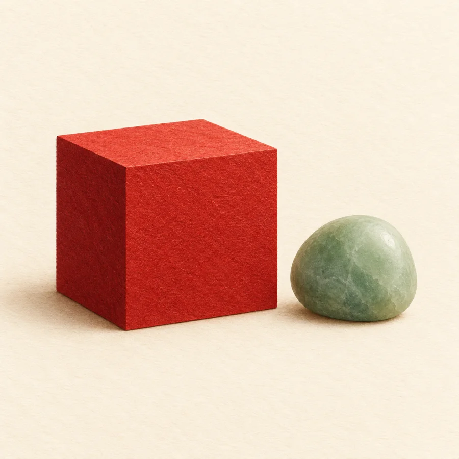A sharp red cube beside a smooth pebble
