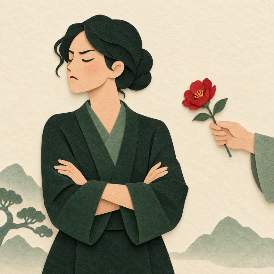 A person turns away from an offered flower
