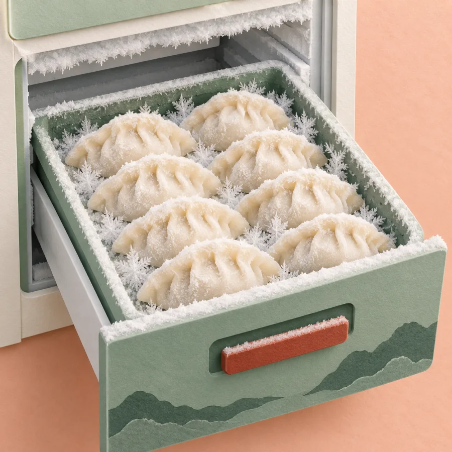 A tray of frosty dumplings in a freezer