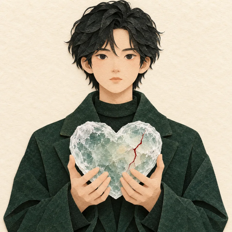 A person holds a frosty heart with a blank face