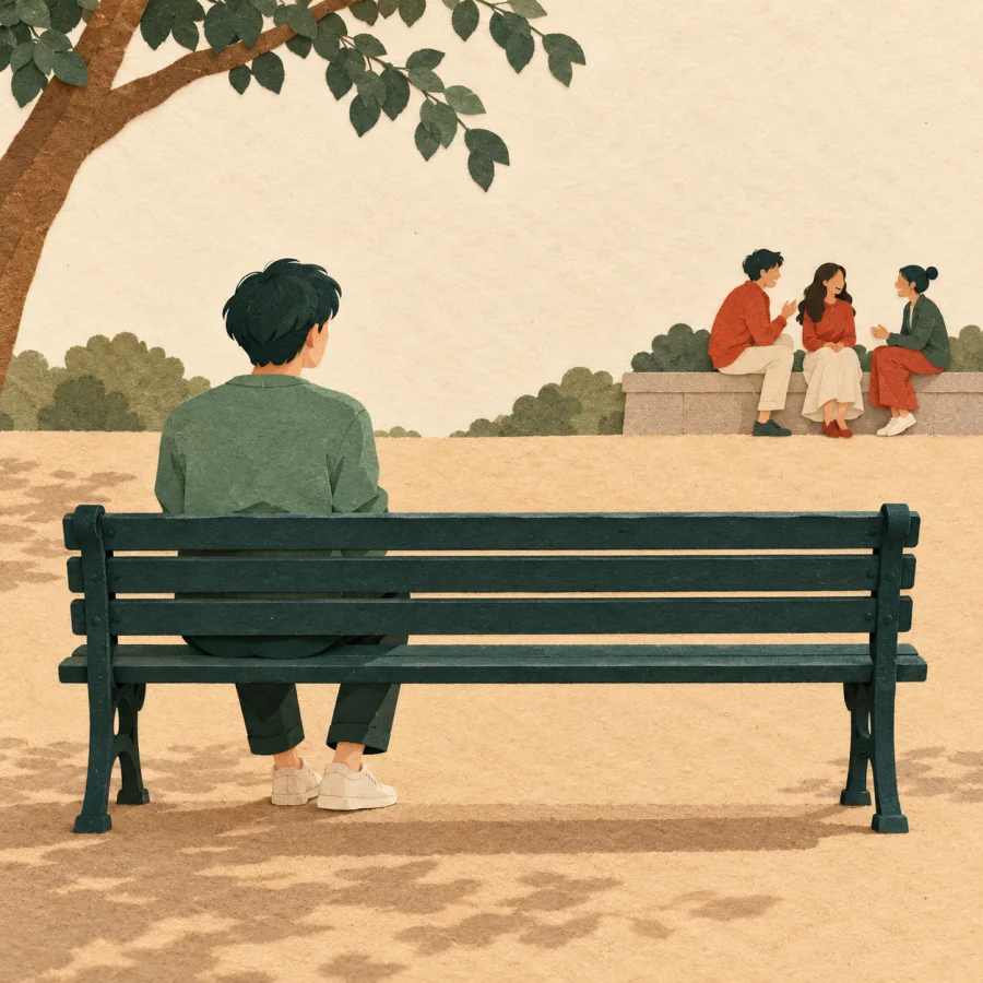 A person sits alone on a bench away from a group