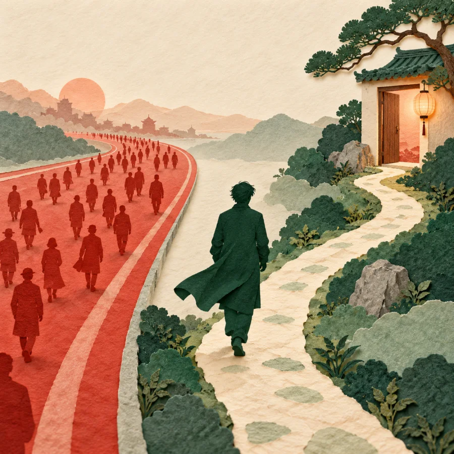 A person takes a narrow quiet path away from a busy road