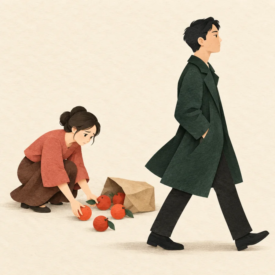 A person walks past dropped oranges without looking