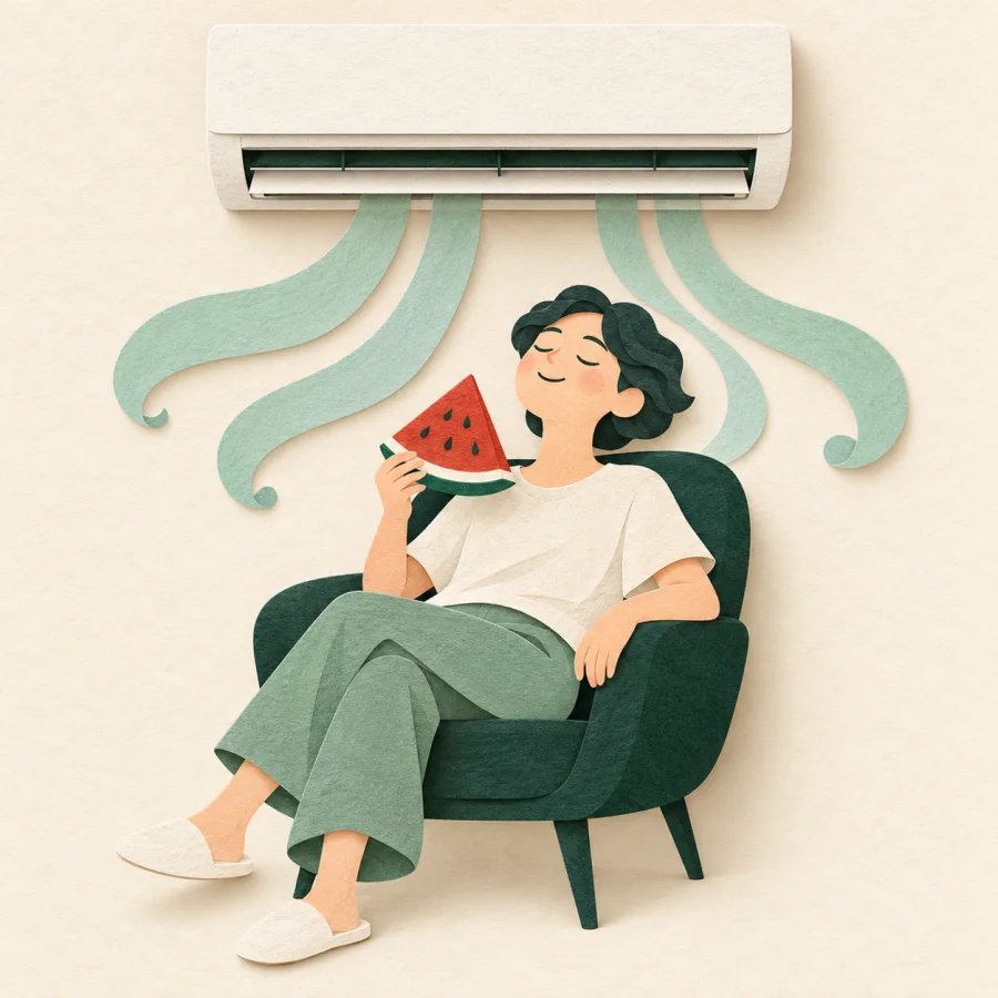 An air conditioner blows cool air on a person with watermelon