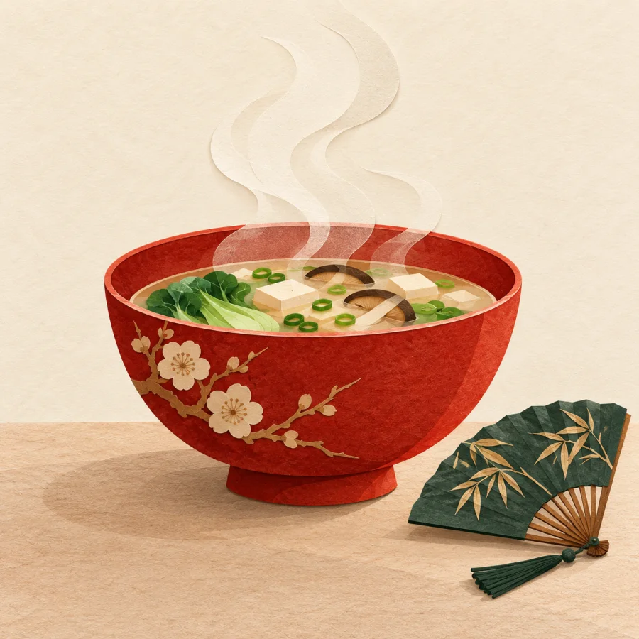 A bowl of soup with thin steam and a fan beside it