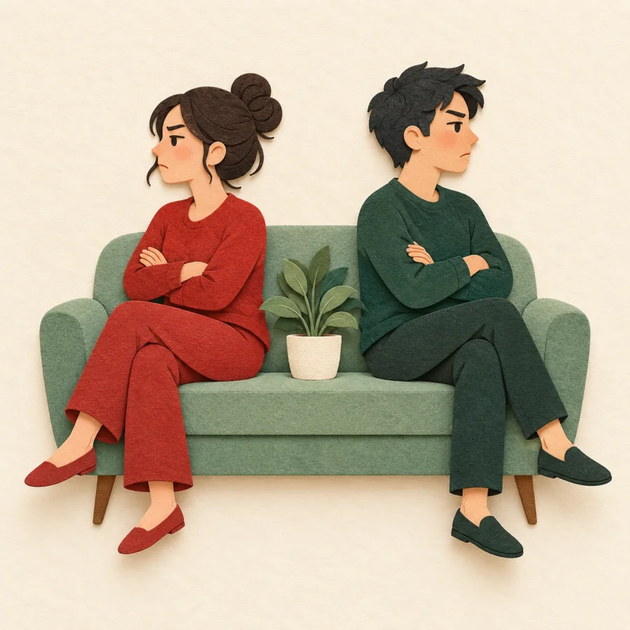 Two people sit on a sofa back to back