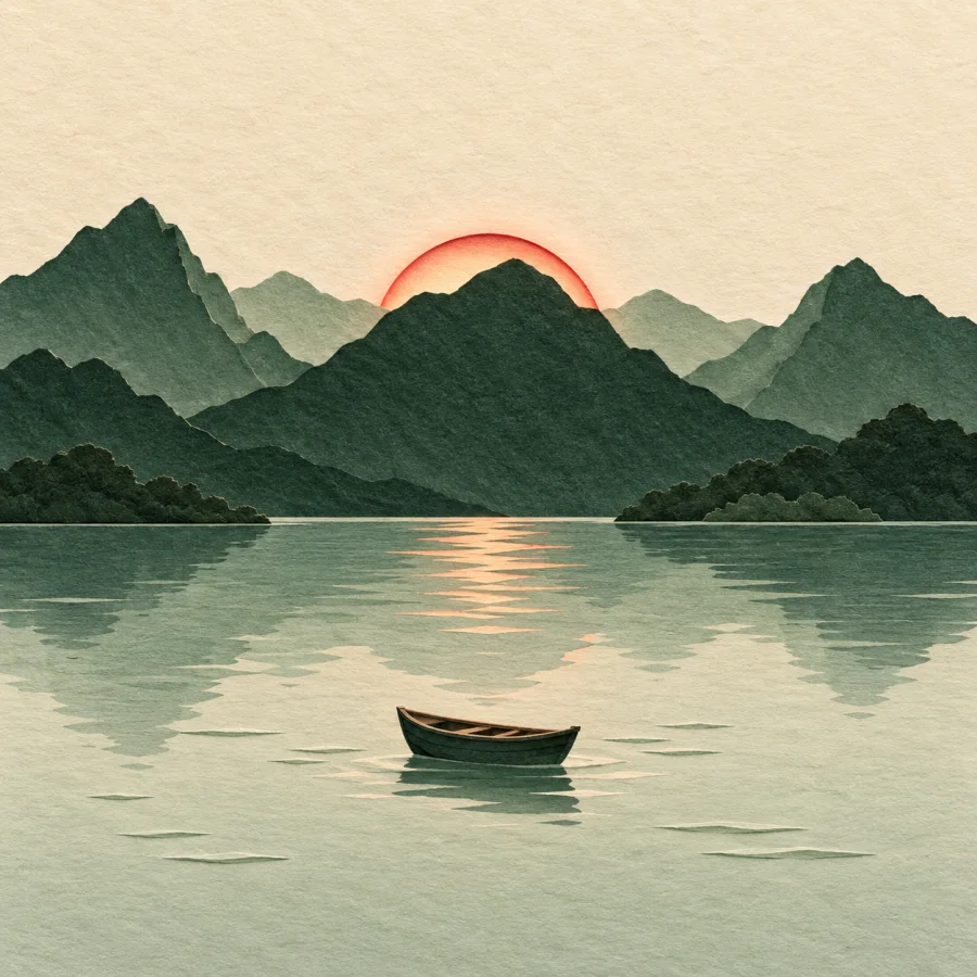 A red sun rises over dark mountains and a boat