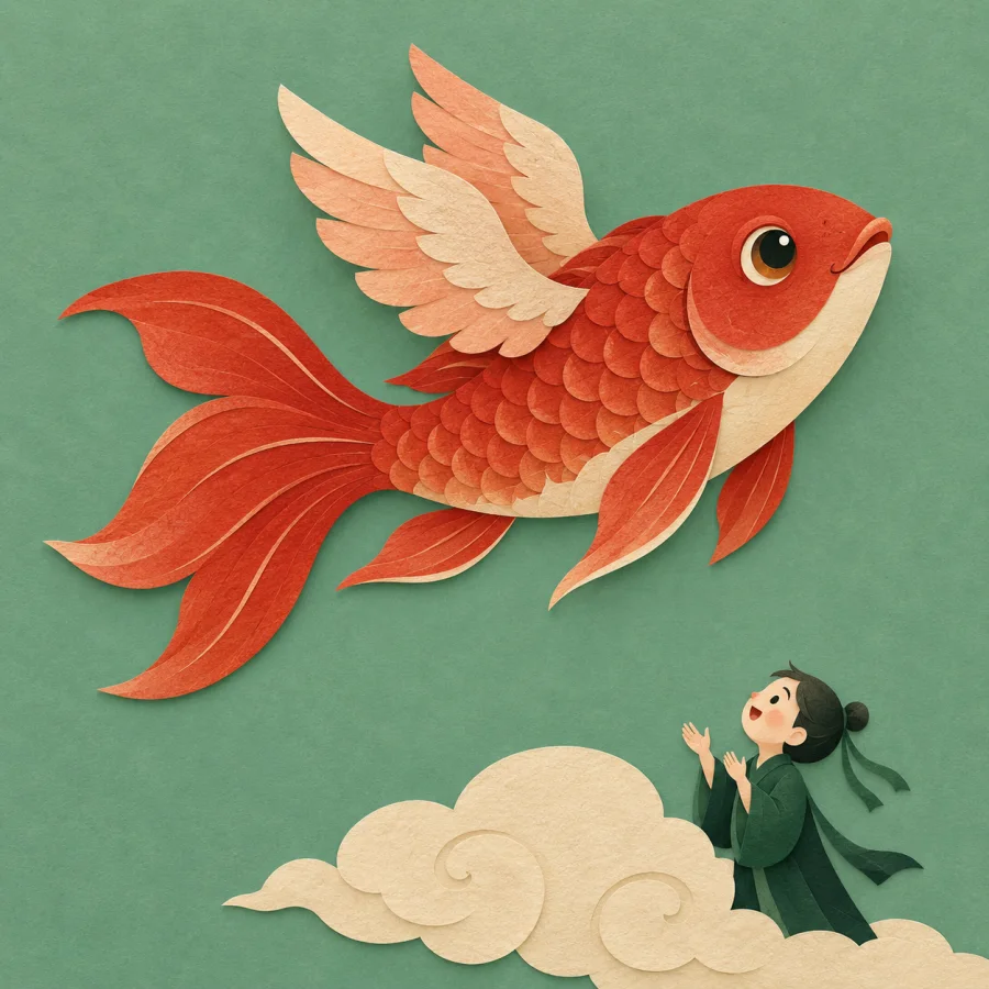 A winged red fish flies above an amazed person