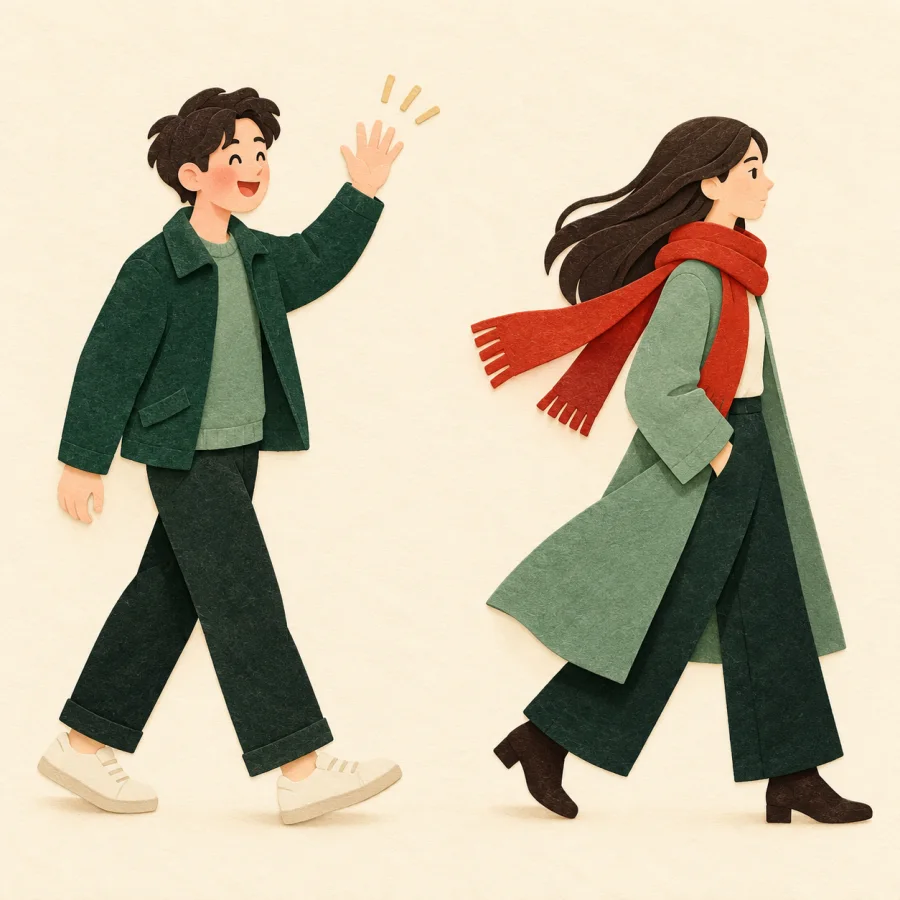 A person waves, but a passer-by does not look