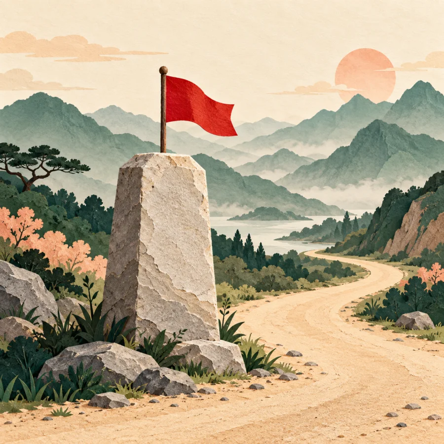 A stone marker beside a winding road to the mountains