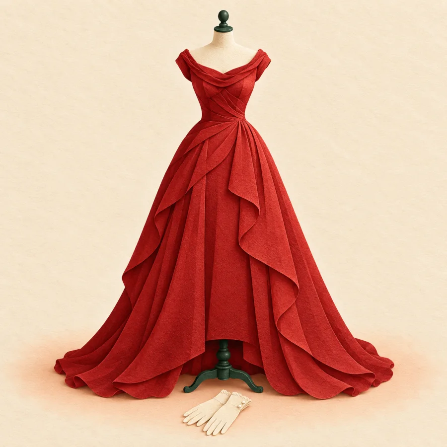 A long red gown on a dress form with gloves