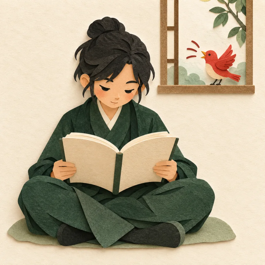A person reads a book, ignoring a bird at the window
