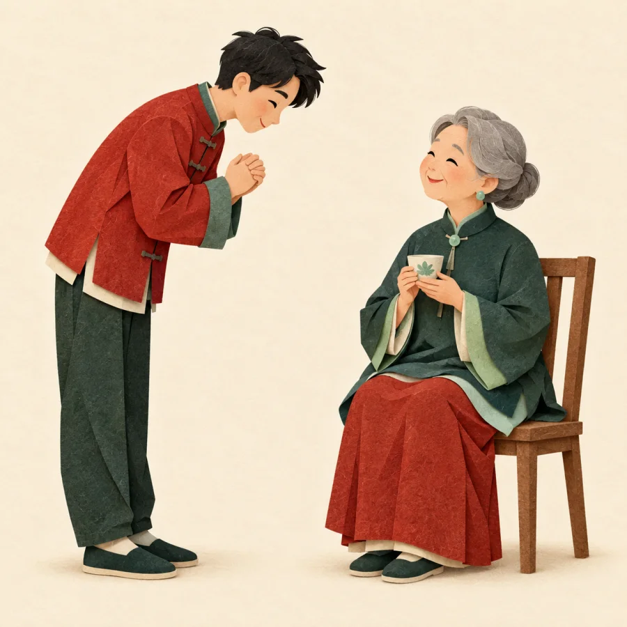 A person bows politely to an older person with tea