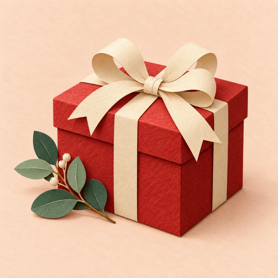 A red gift box with a cream bow