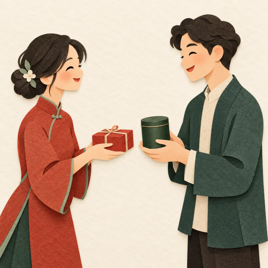 Two people exchange a red parcel and a tea tin