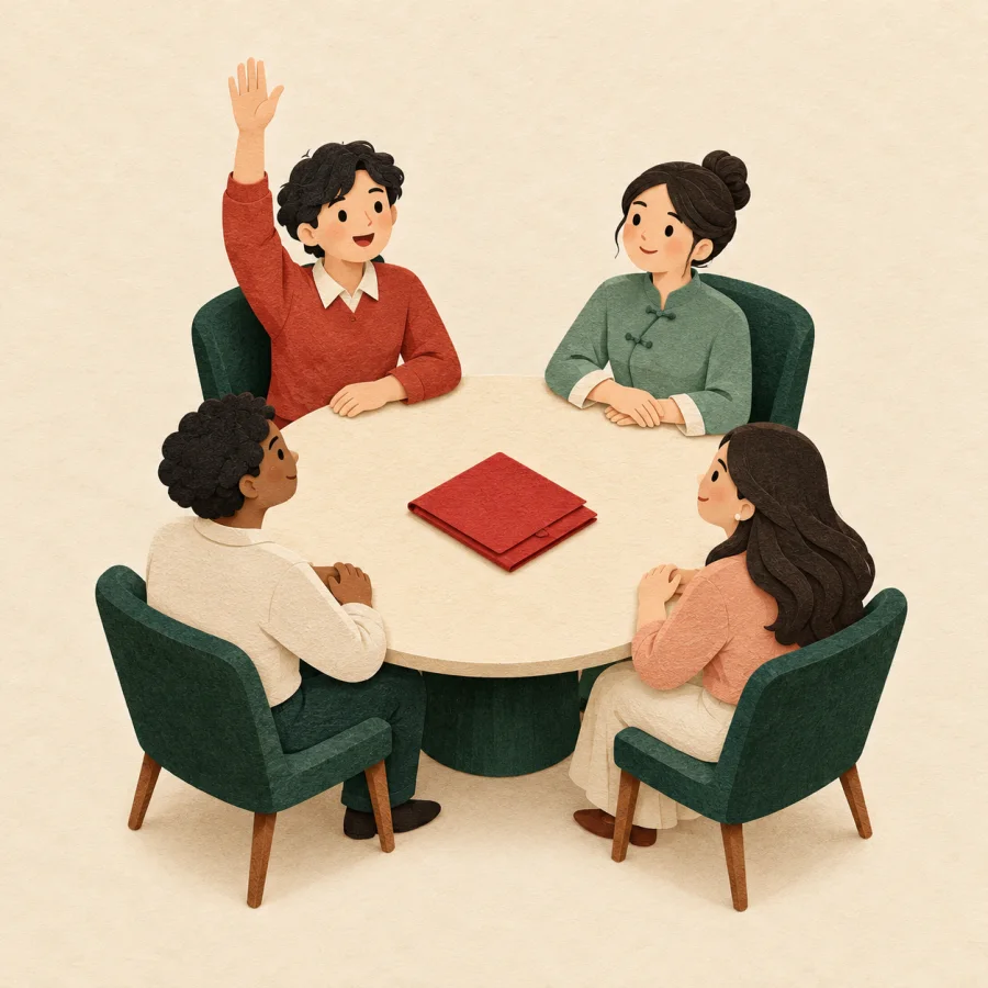 Four people at a round table, one votes