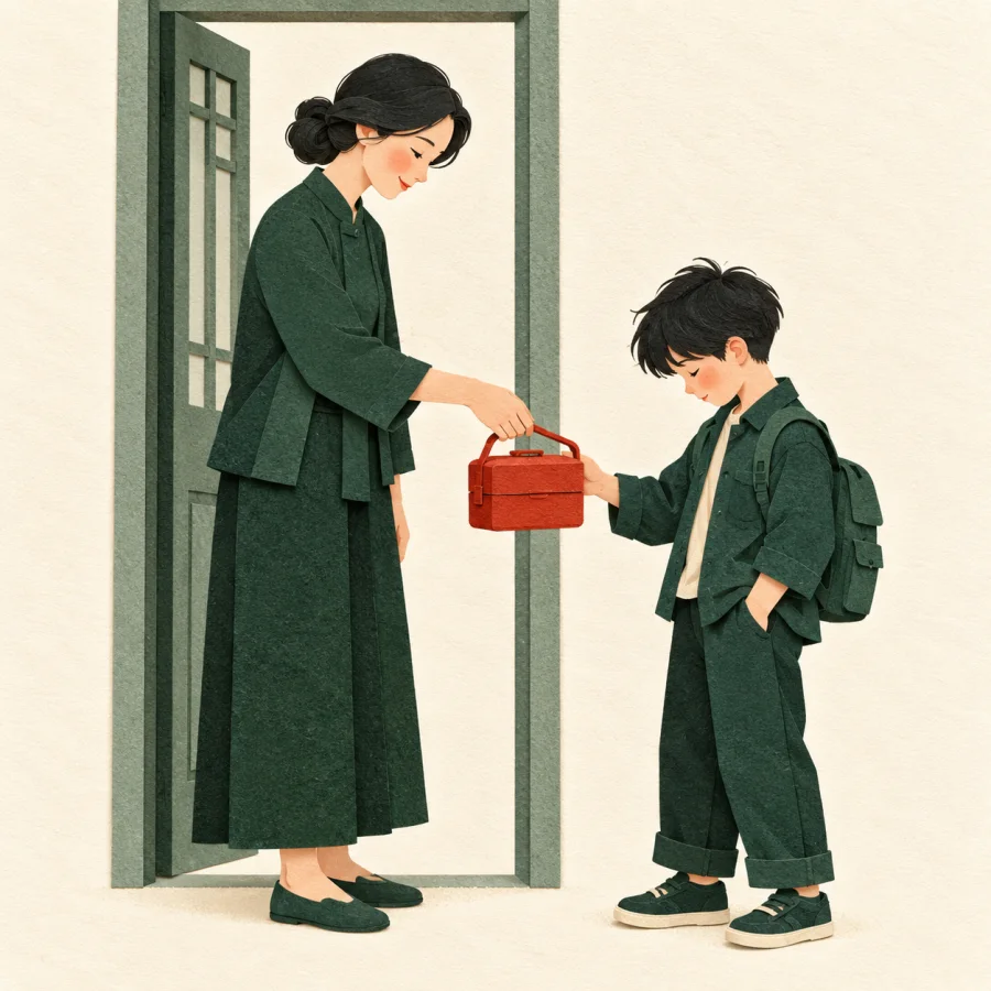 A child takes a lunch box without looking up