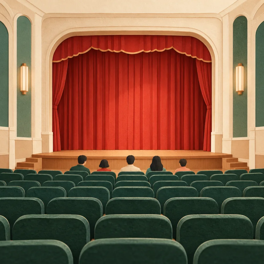 A hall with rows of seats and a red-curtained stage