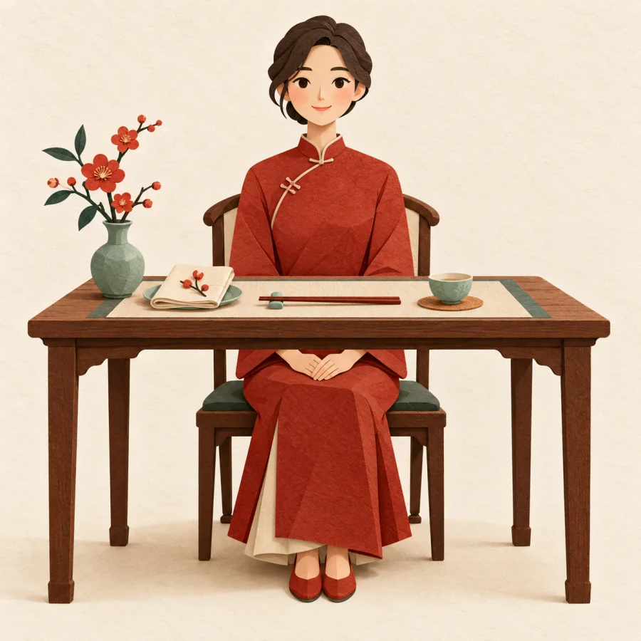 A person sits upright at a neatly set table