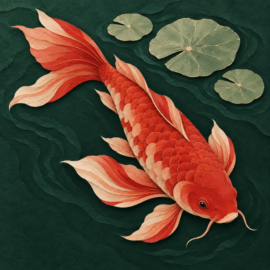 A red carp swims among lotus leaves
