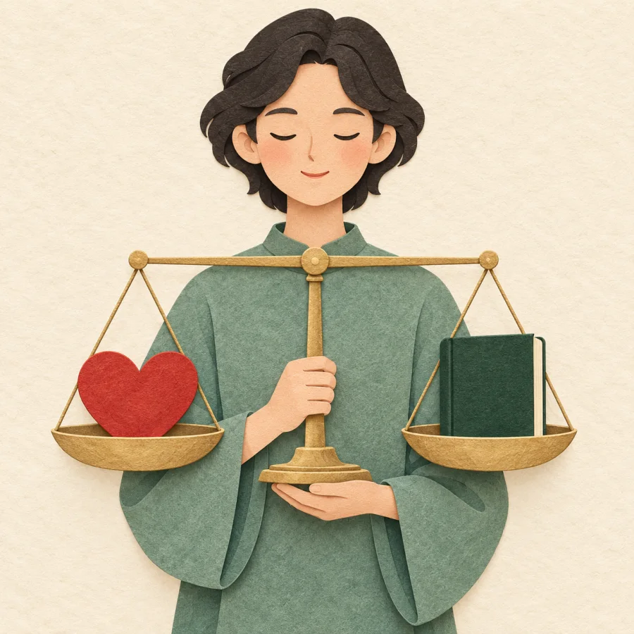A person holds scales with a heart and a book
