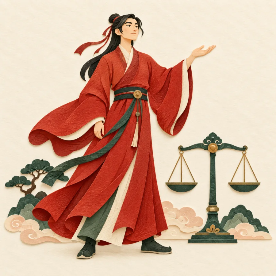 A person stands tall with a raised palm beside scales