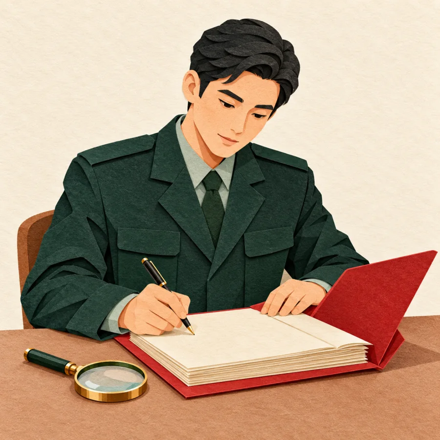 An officer at a desk writes in a thick file