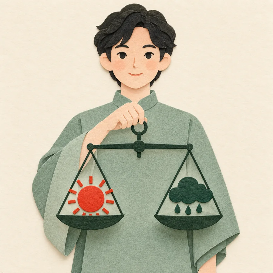 A person holds scales with a sun and a cloud