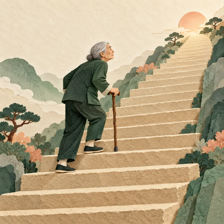 An older person with a cane tires on a long staircase