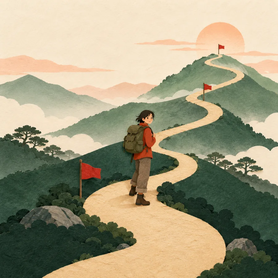 A traveller looks back at a winding path
