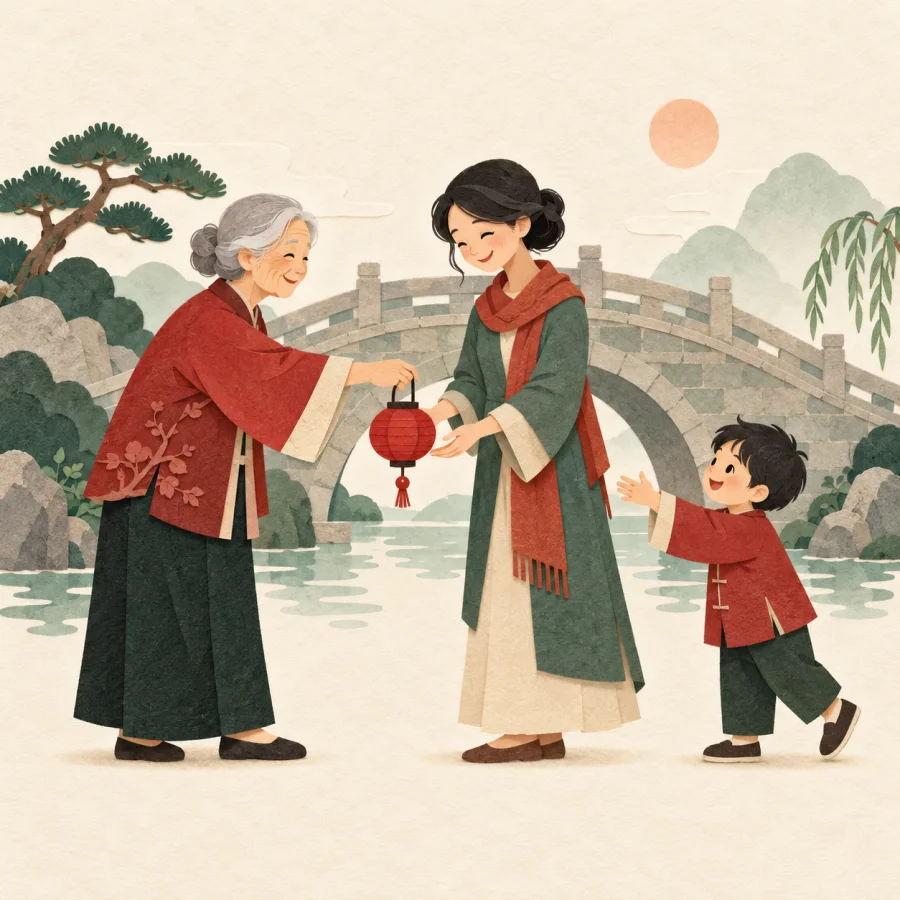 Three generations pass a lantern by an old bridge
