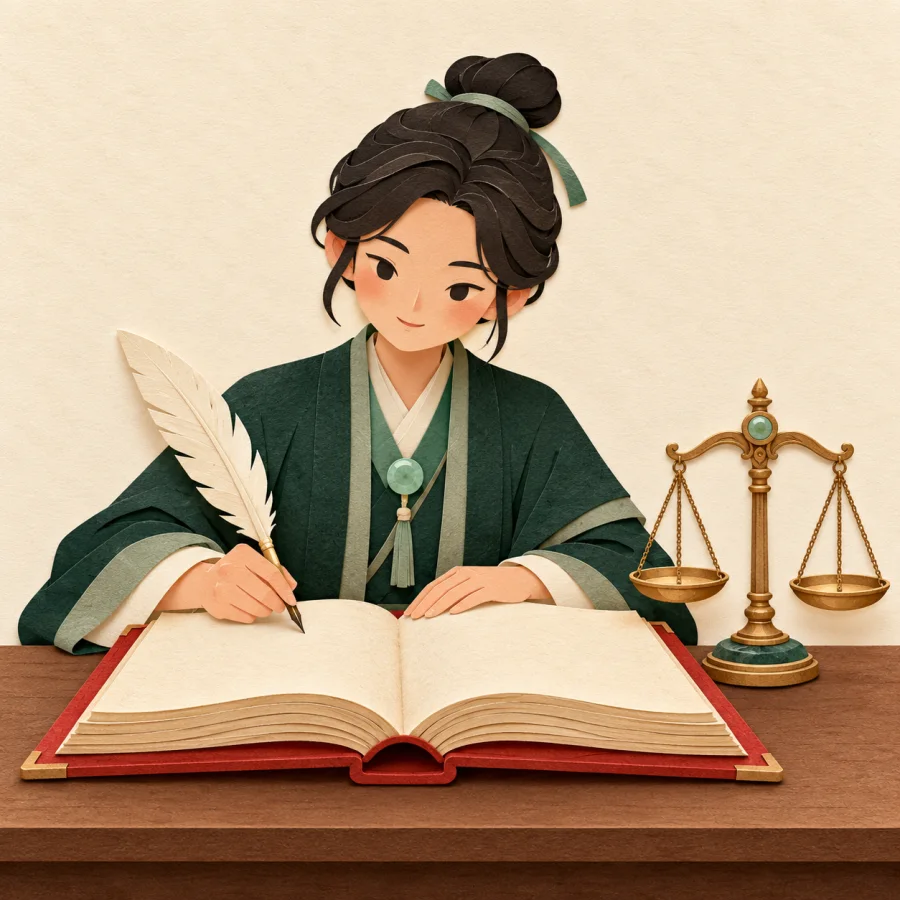 A person writes in a big book beside small scales