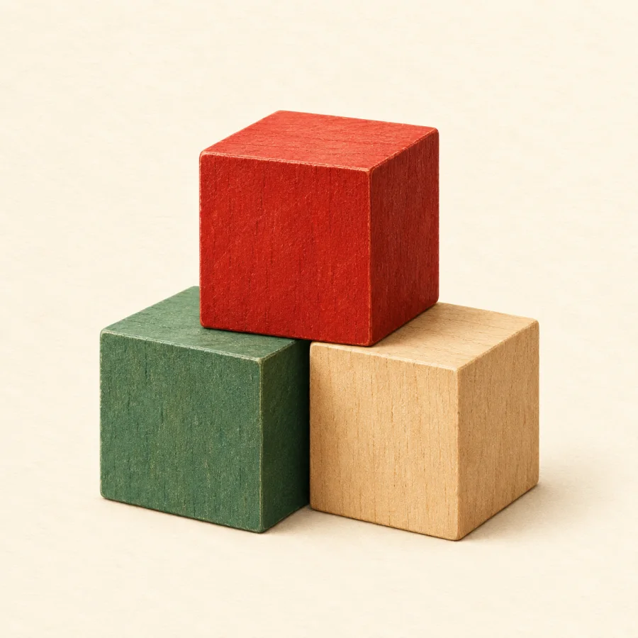 Three cubes stacked in a small pyramid