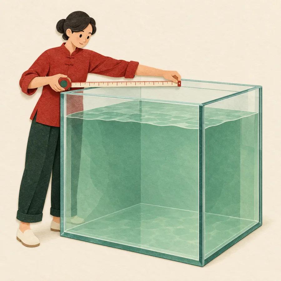 A person with a tape measure beside a big cube tank
