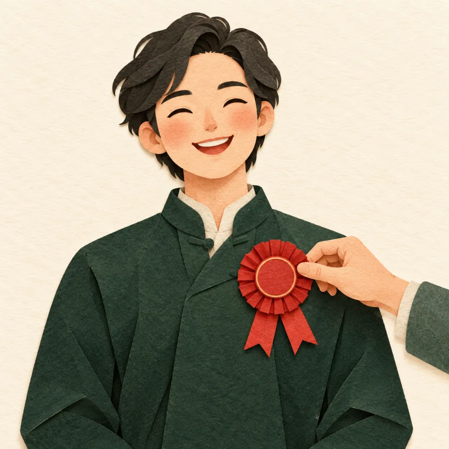 A medal on a red ribbon is pinned on a person's chest