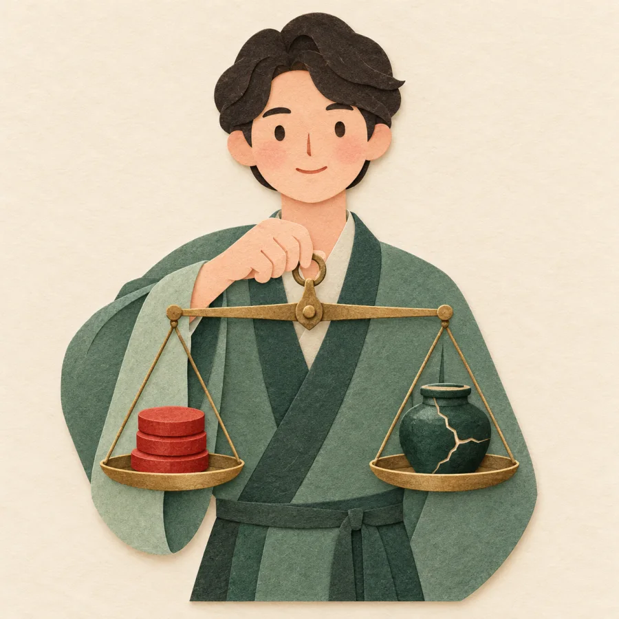 A person holds scales with coins and a cracked jar