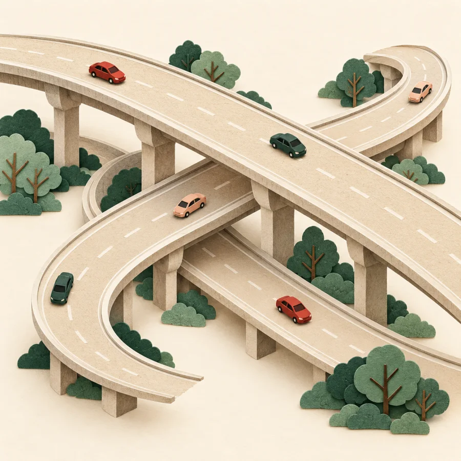 A multi-level flyover with cars above trees