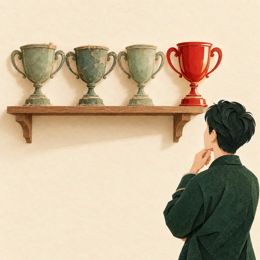 A shelf of old cups and one new red cup