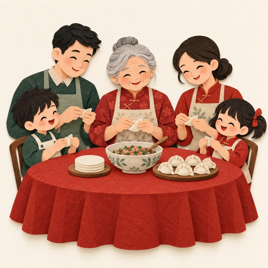 Three generations make dumplings at a round table