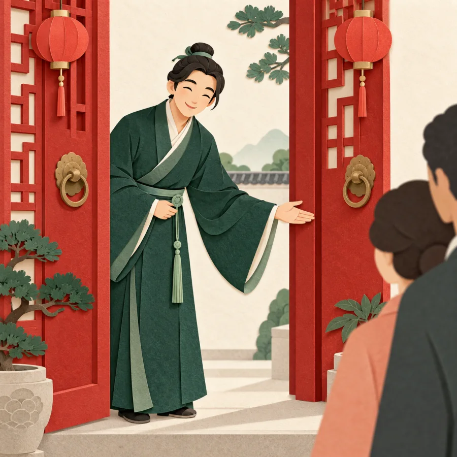 A host bows to guests at a red door