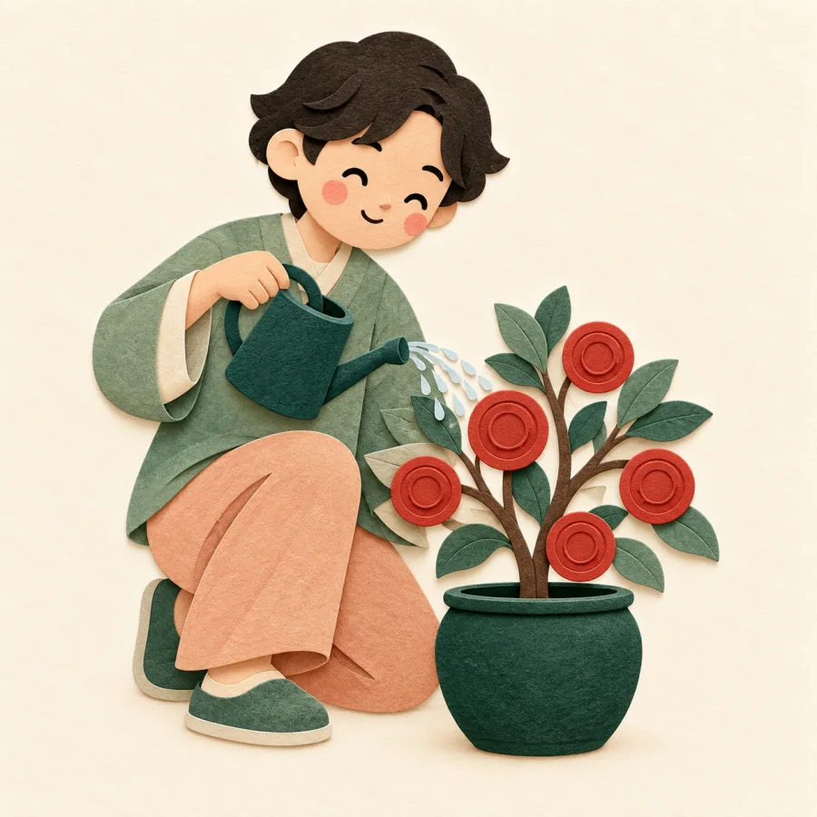 A person waters a pot with coins on its branches