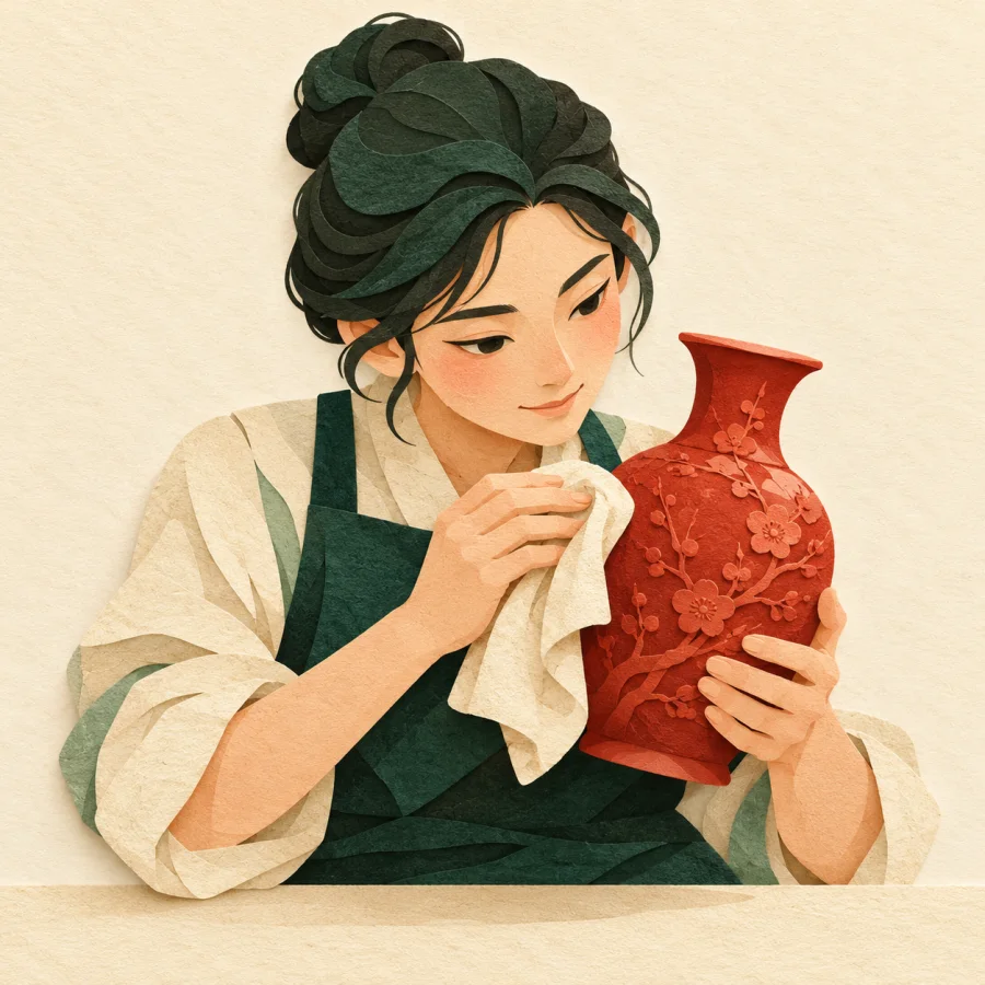 A craftsperson leans close and polishes a red vase