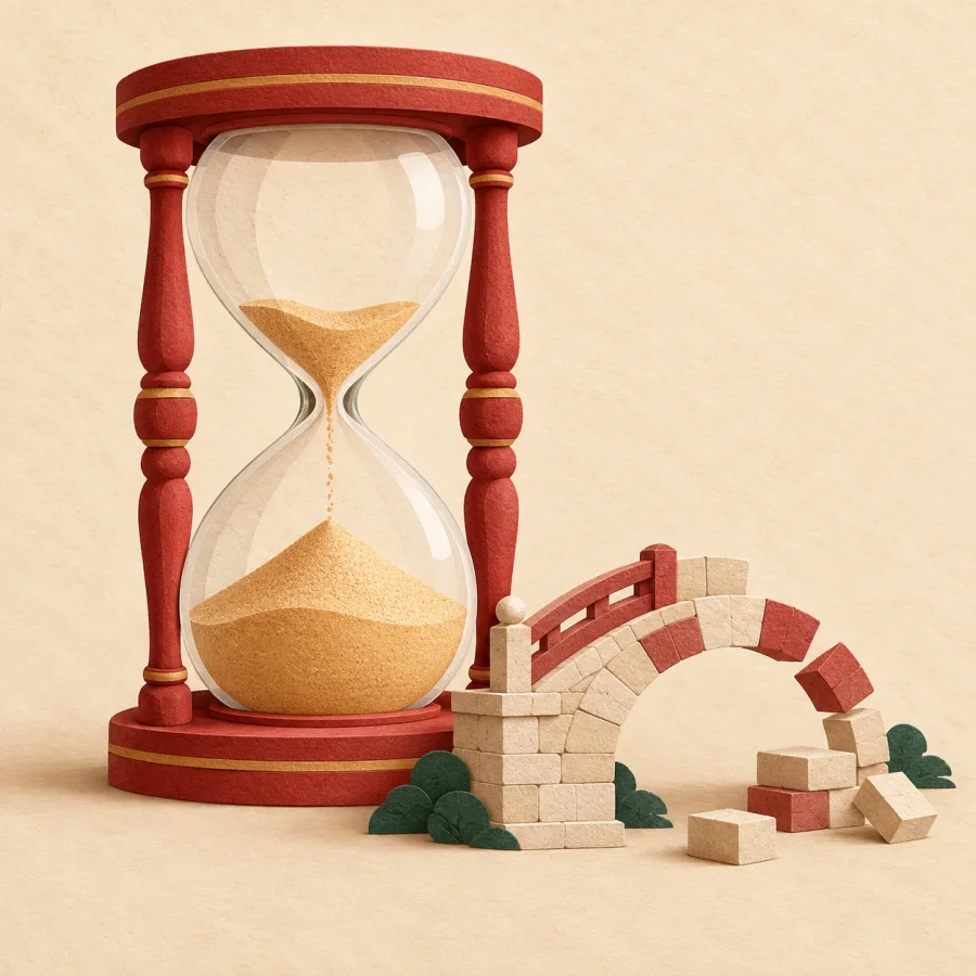 A big hourglass beside a half-built bridge model